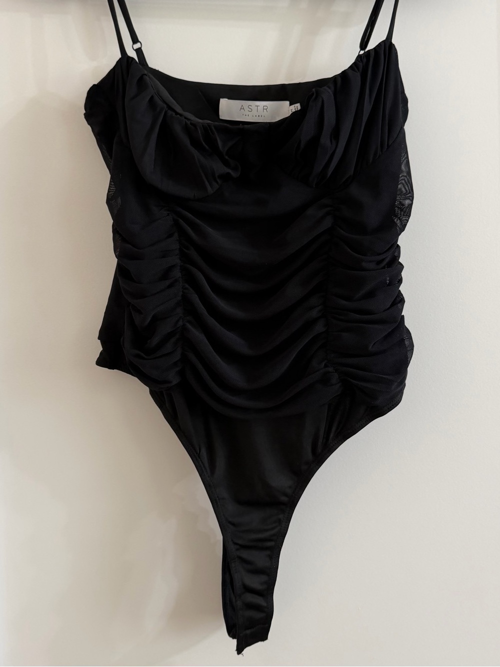 Astr Black Ruched Spaghetti-Strap Bodysuit
